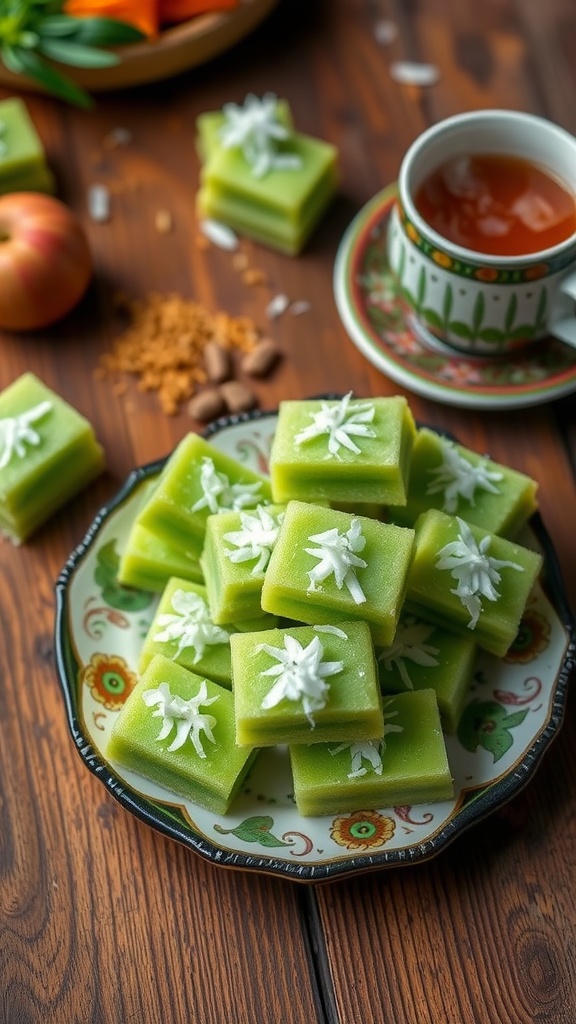 A plate of colorful coconut kue snacks with shredded coconut, served with tea on a wooden table.